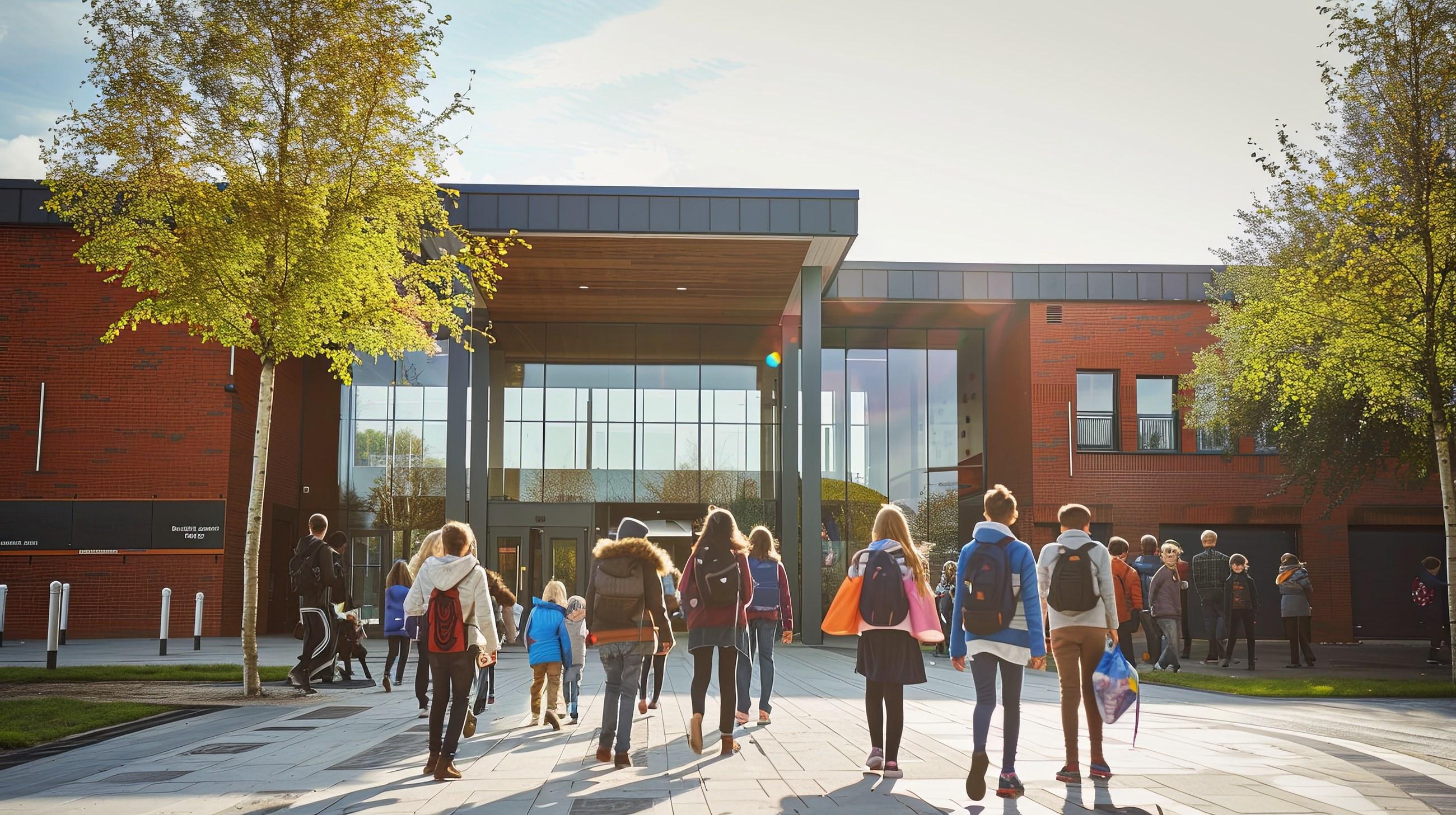 Students walking in through the front doors of their school