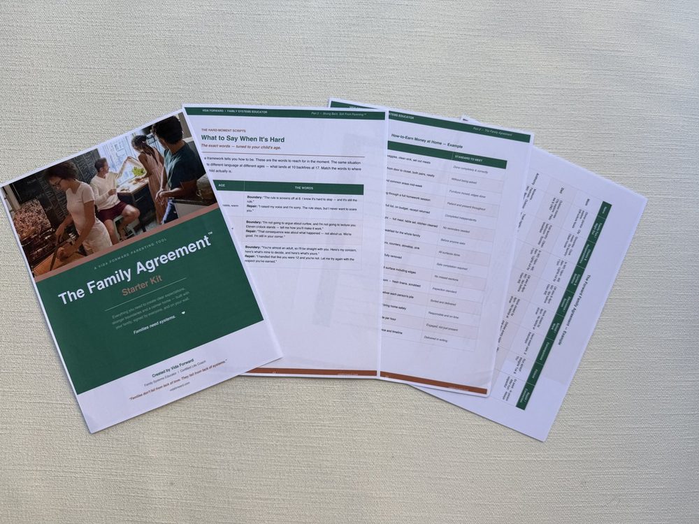The Family Agreement System, printed and laid out on a table